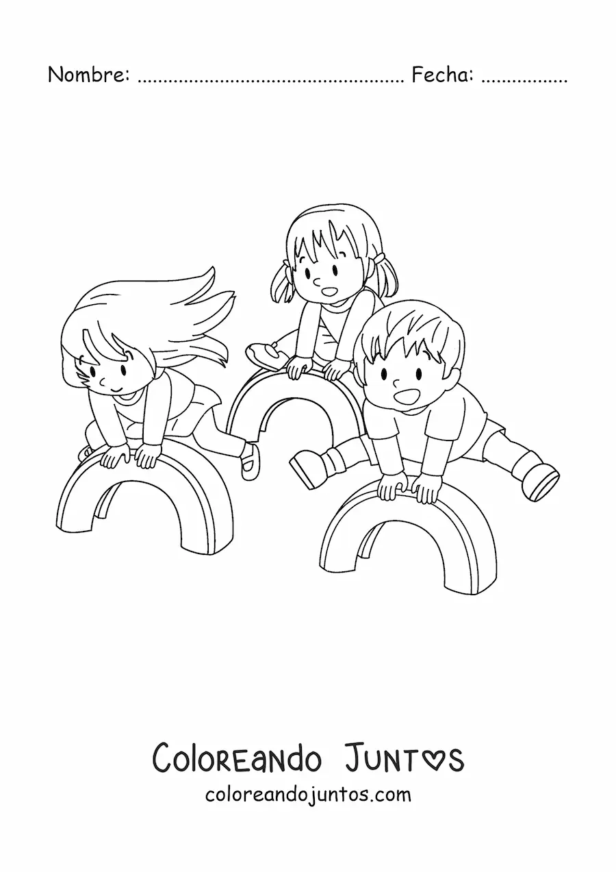 Imagen para colorear de tres niños jugando en el parque