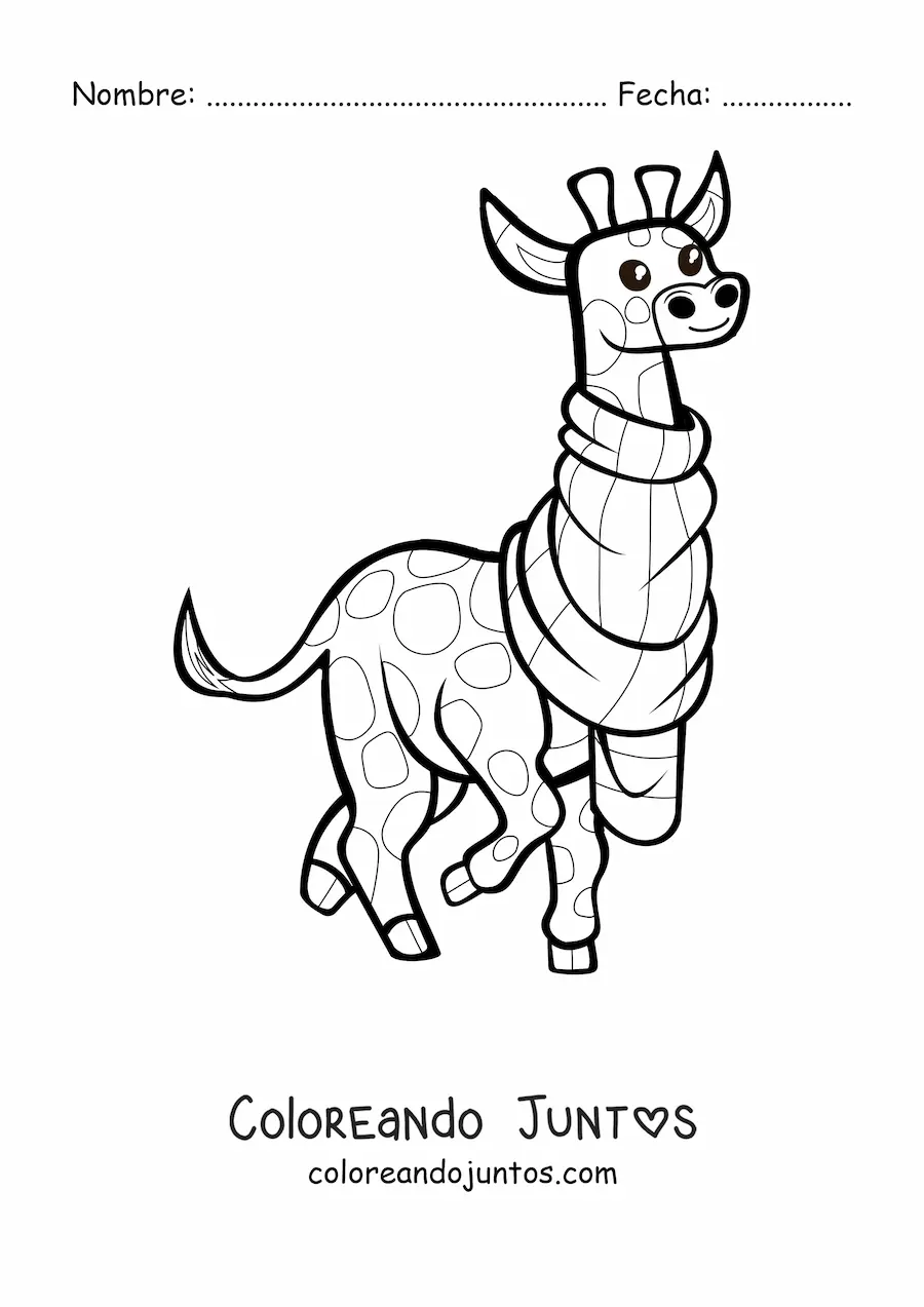 Imagen para colorear de una jirafa animada con una bufanda en el cuello