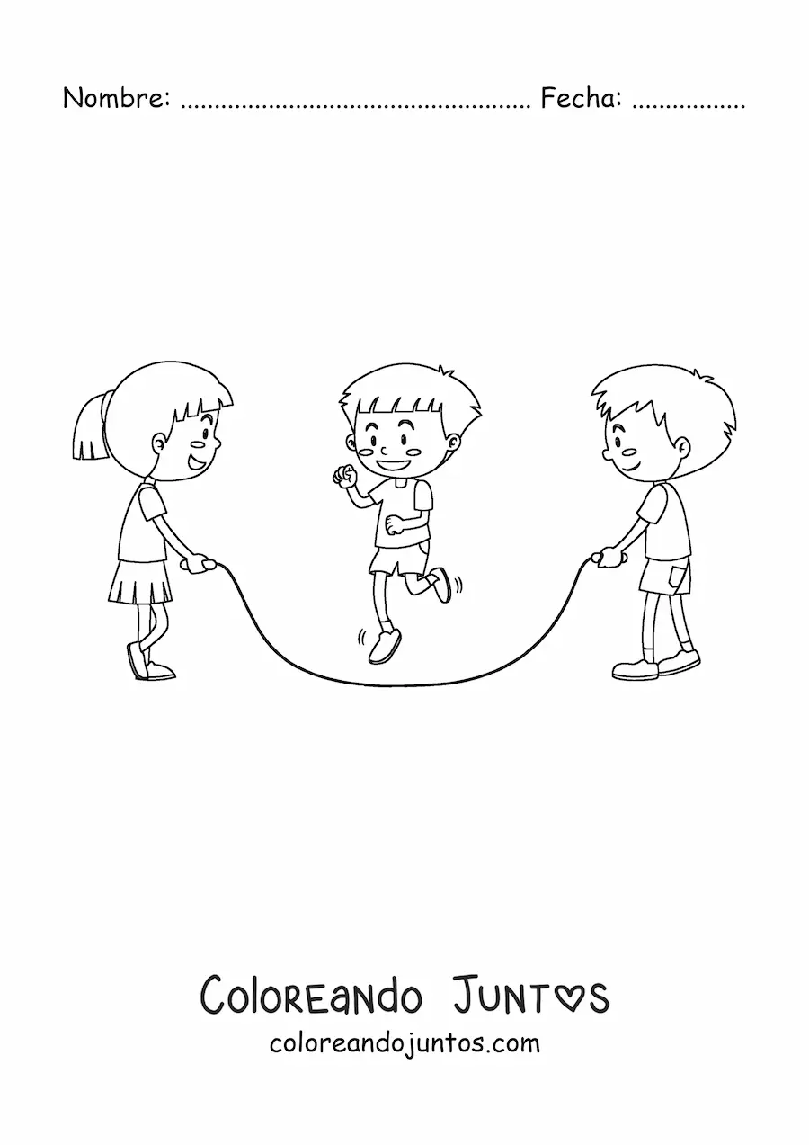 Imagen para colorear de tres niños saltando la cuerda