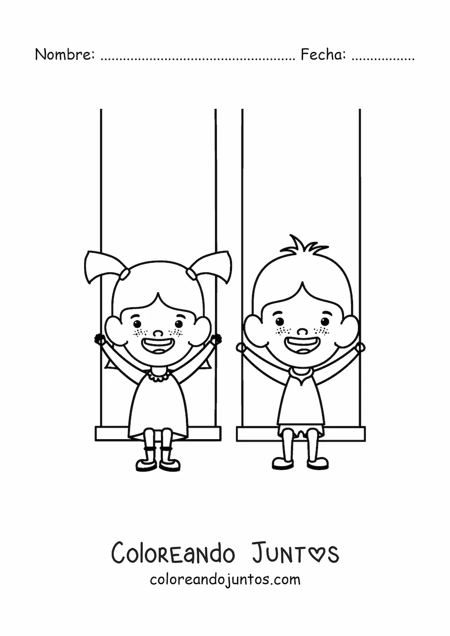 Imagen para colorear de dos niños en columpios