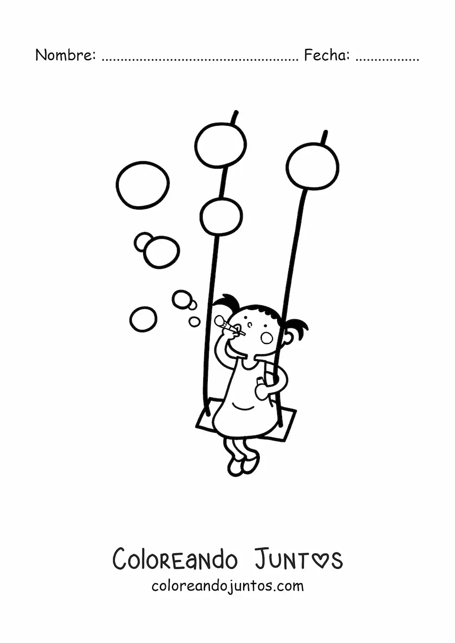 Imagen para colorear de una niña soplando burbujas en un columpio
