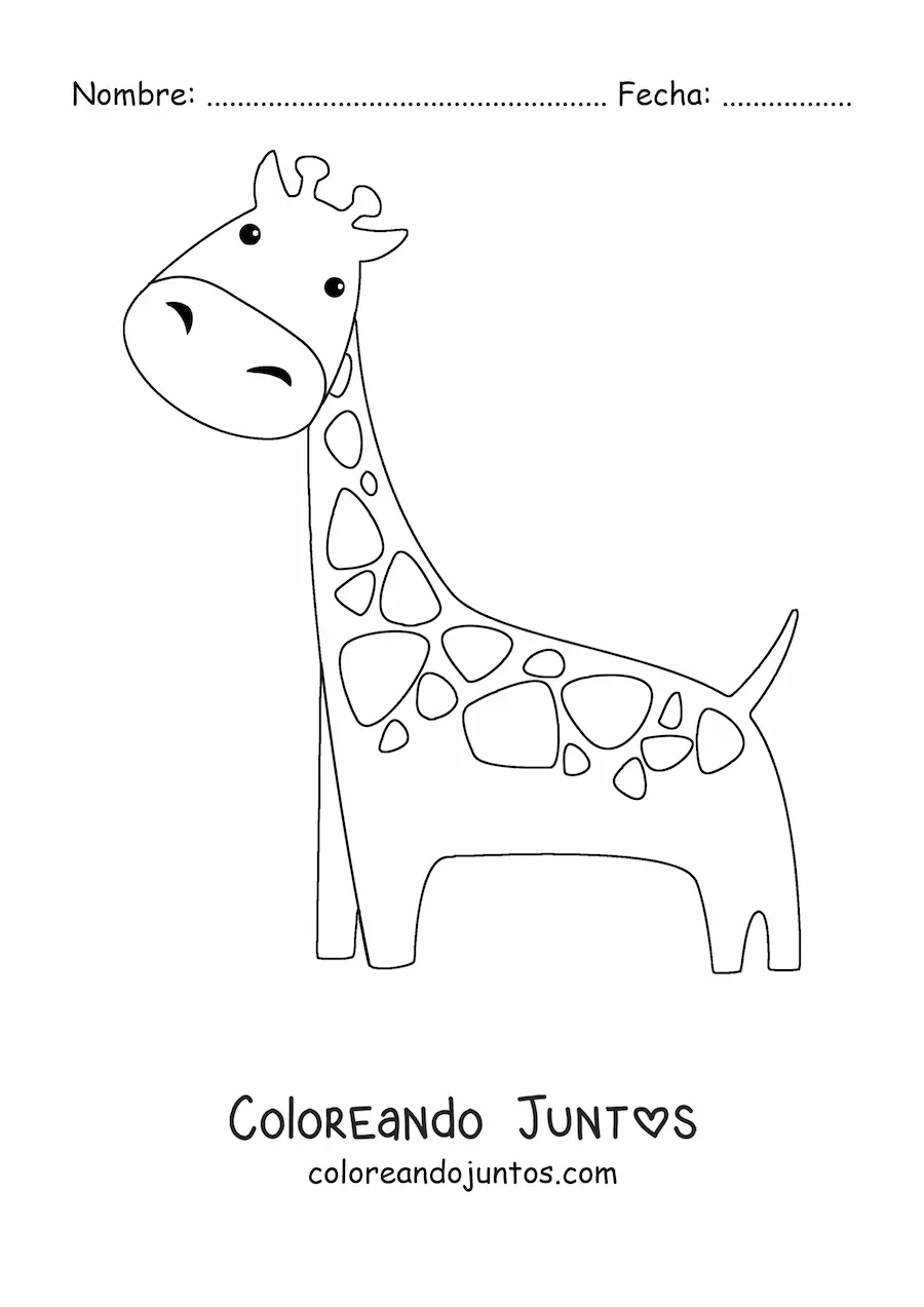 Imagen para colorear de una jirafa kawaii animada con la cabeza ladeada hacia la derecha