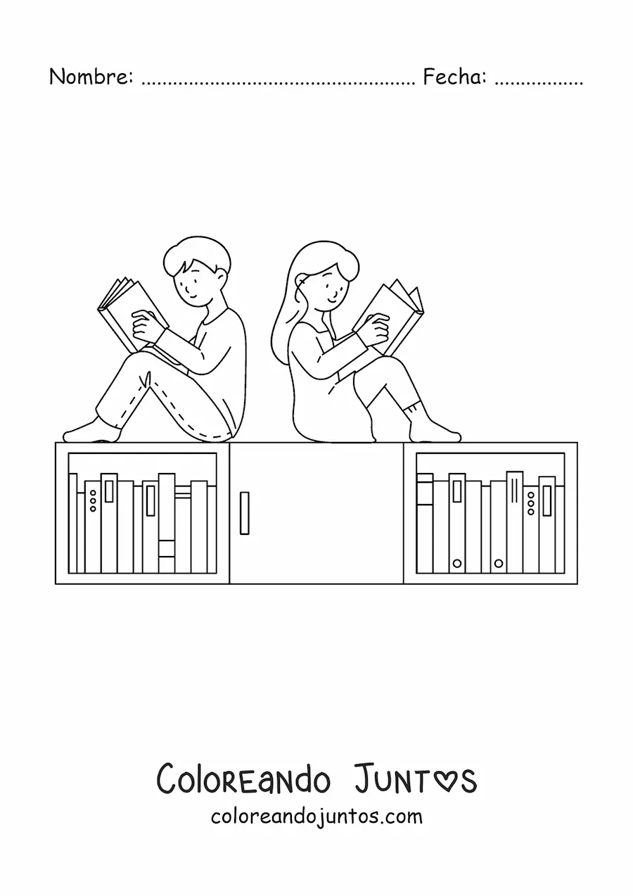 Imagen para colorear de dos niños leyendo en la biblioteca