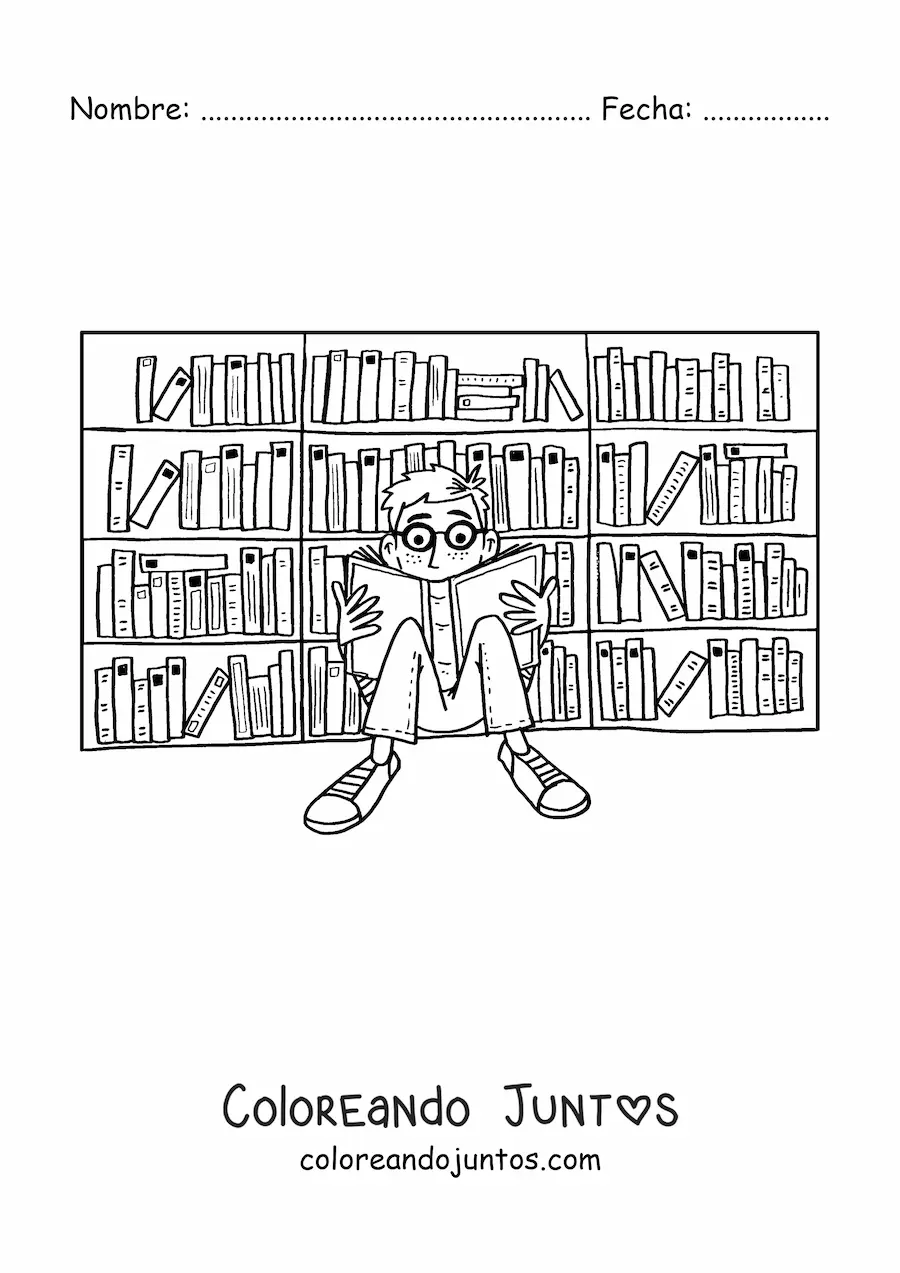 Imagen para colorear de un niño leyendo en la biblioteca