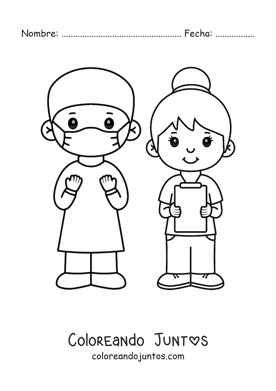 Imagen para colorear de un cirujano y una enfermera kawaii