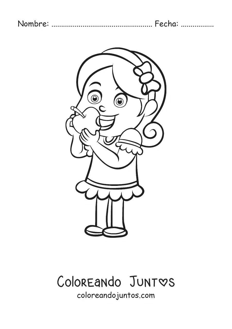 Imagen para colorear de una niña comiendo una manzana