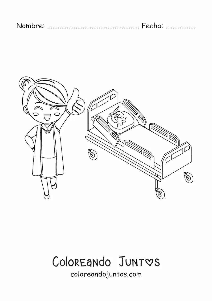 Imagen para colorear de una enfermera y una cama de hospital animada