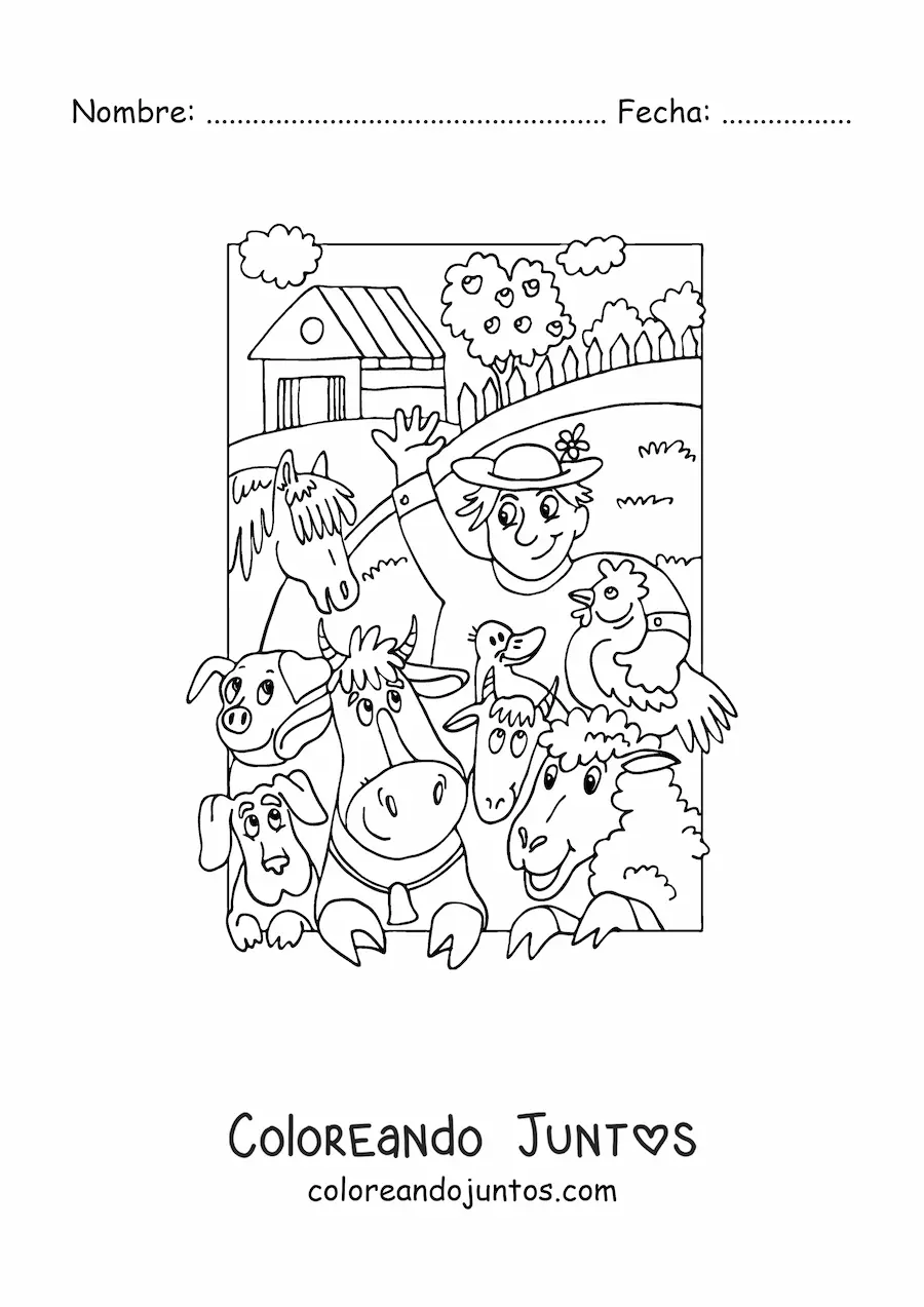 Imagen para colorear de un granjero junto a animales animados