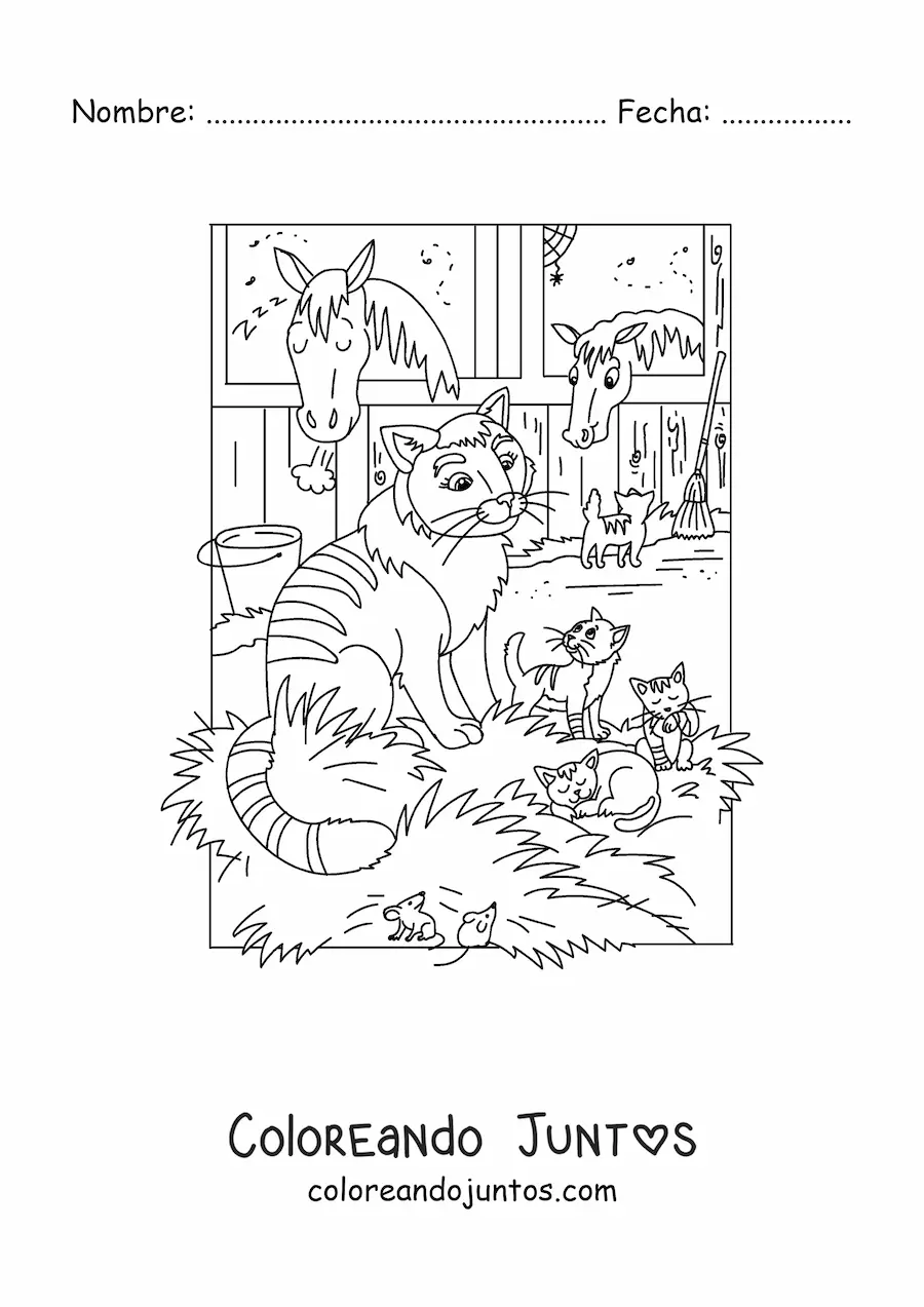 Imagen para colorear de cuatro gatos animados y  dos caballos en establo