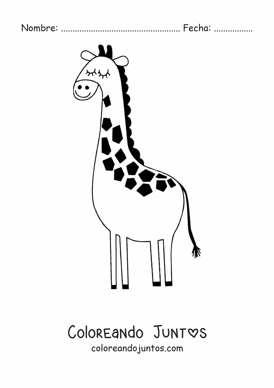 Imagen para colorear de una jirafa animada sonriente con los ojos cerrados