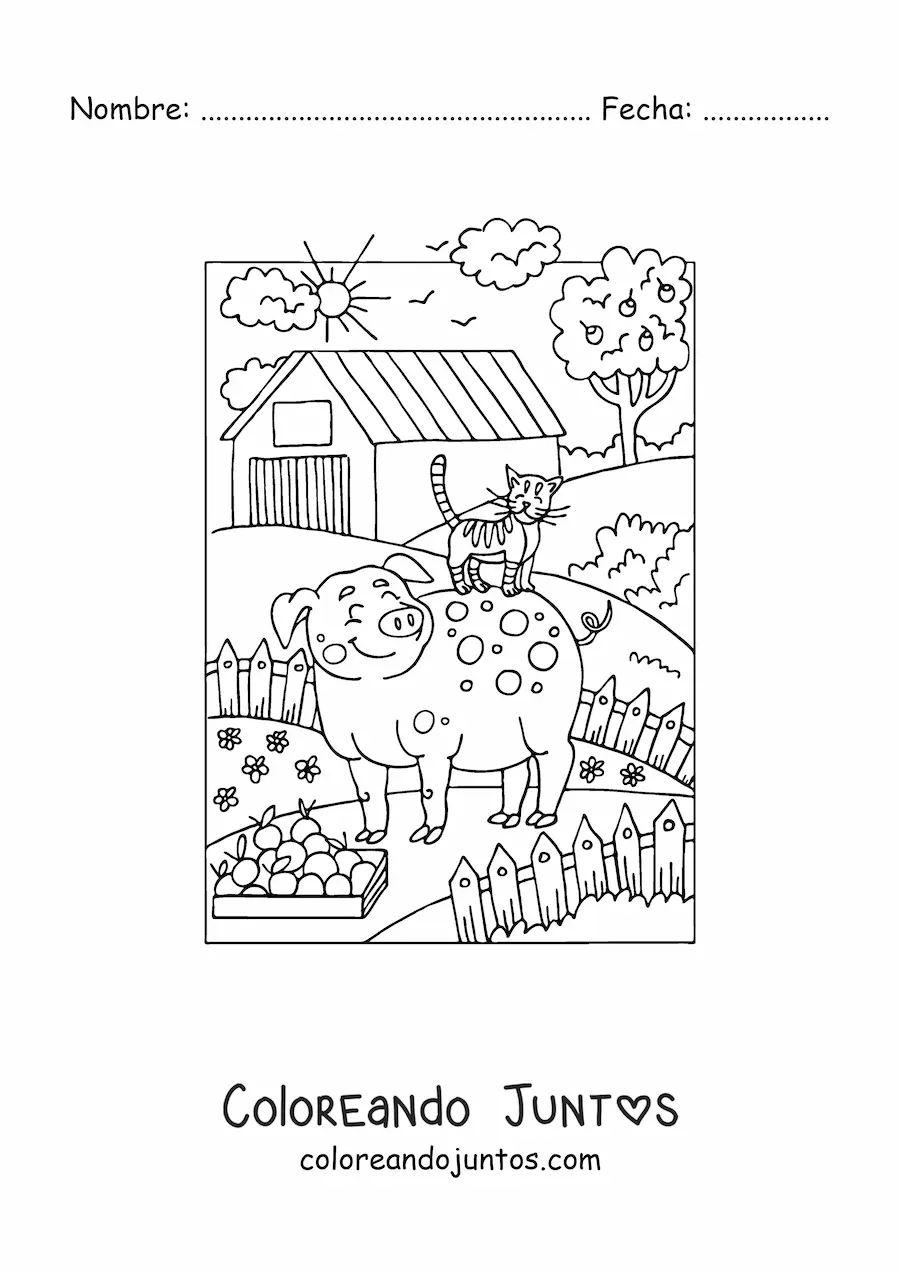 Imagen para colorear de un cerdo animado y un gato en la granja