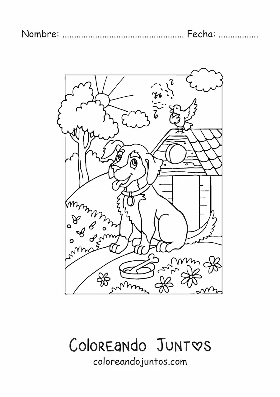 Imagen para colorear de un perro animado en la granja