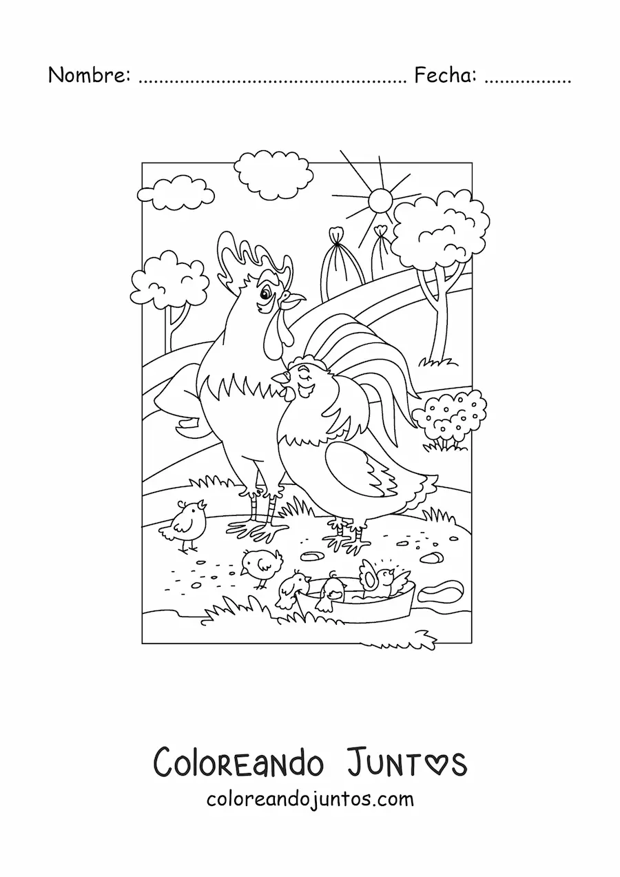 Imagen para colorear de una gallina con un gallo y pollitos animados en la granja
