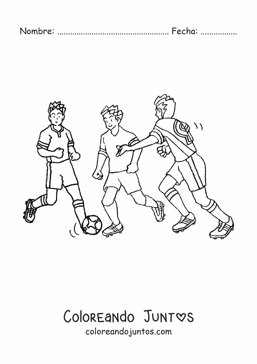 Imagen para colorear de tres hombres jugando fútbol