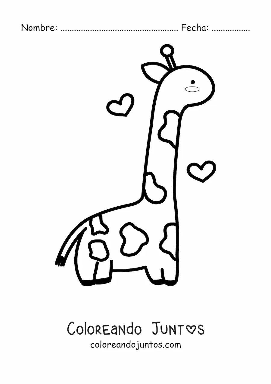 Imagen para colorear de una jirafa kawaii de perfil con corazones flotando