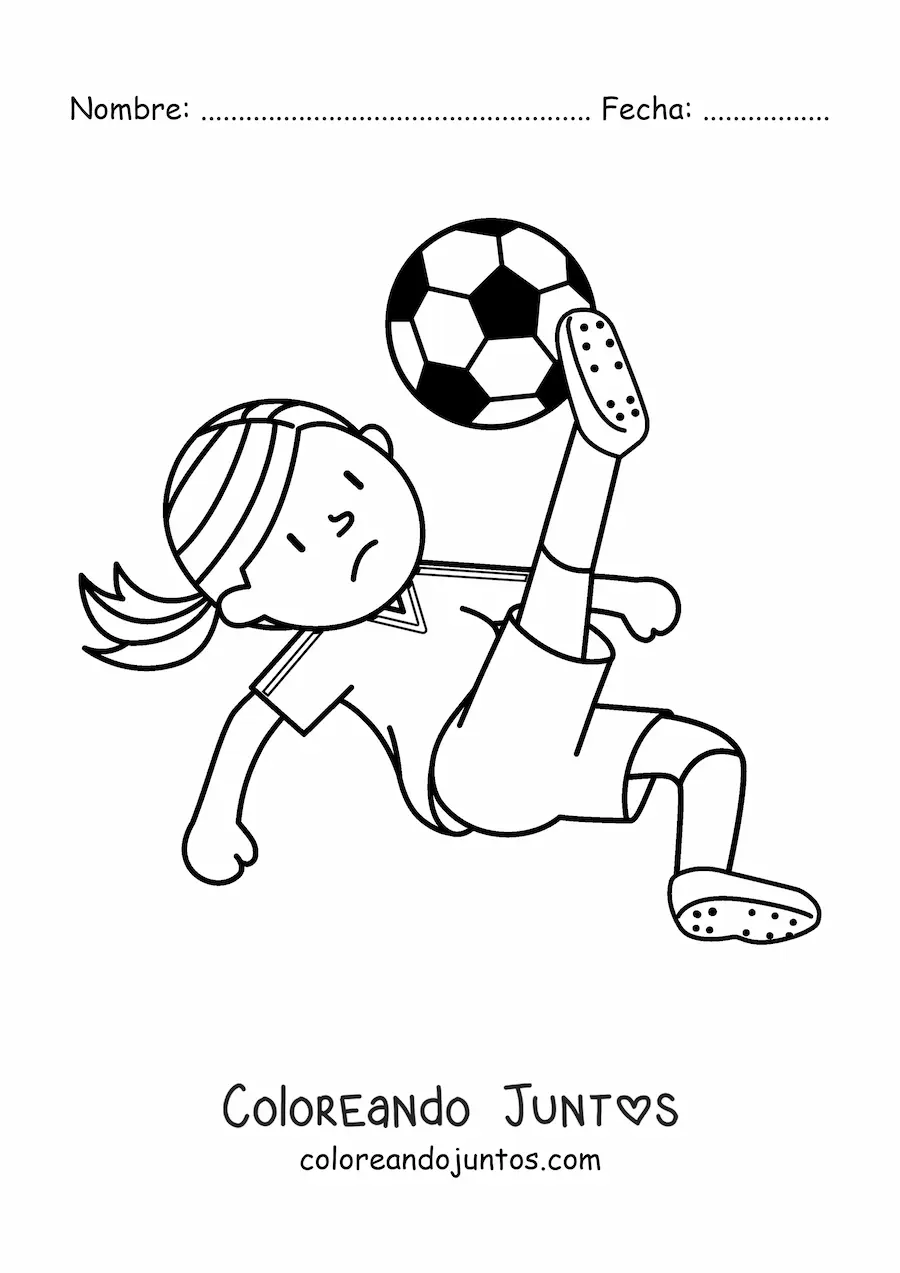 Imagen para colorear de una niña pateando el balón de fútbol