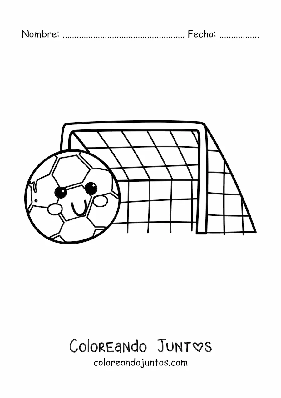 Imagen para colorear de un balón de fútbol kawaii junto a la portería