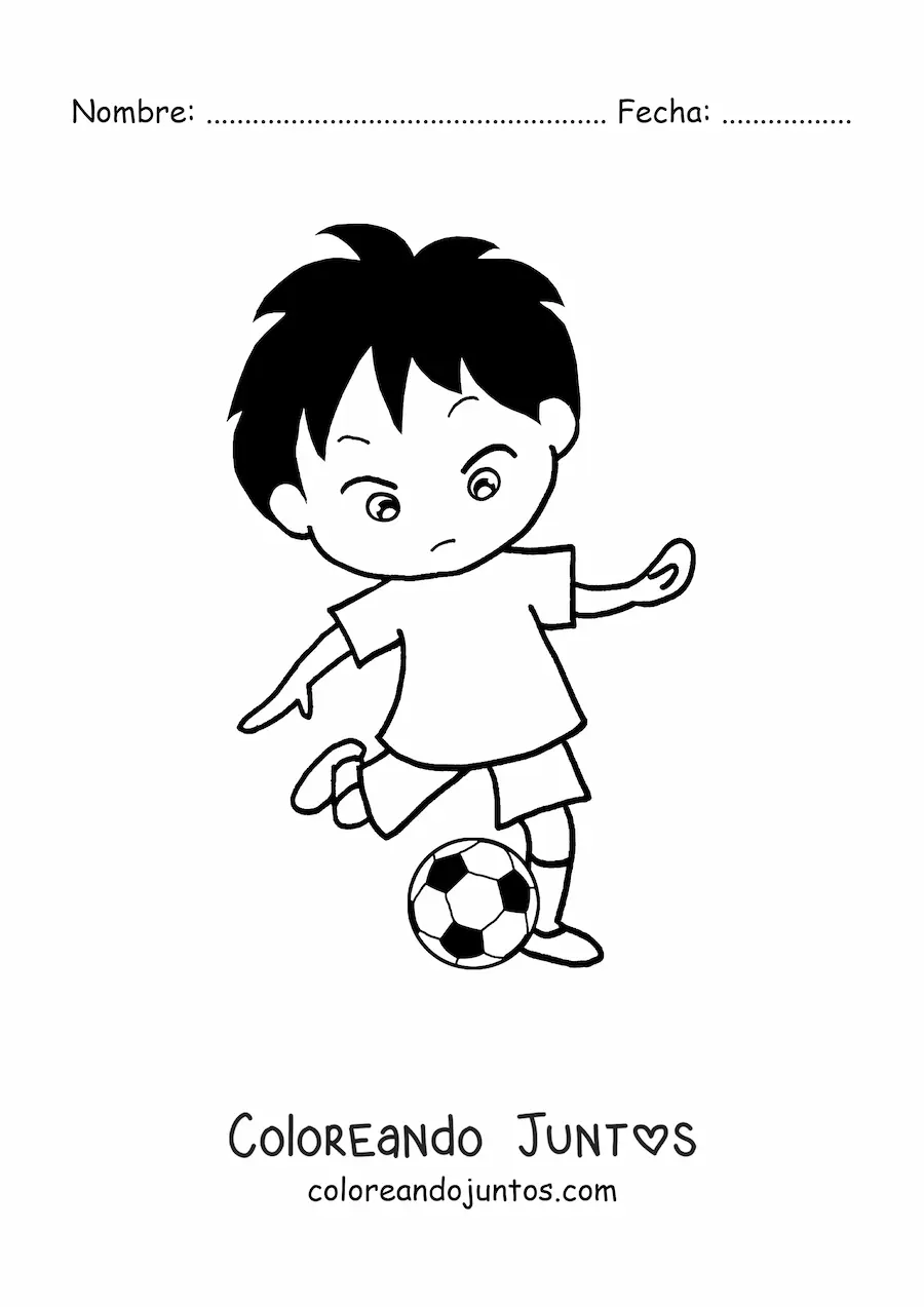 Imagen para colorear de un niño pateando un balón de fútbol