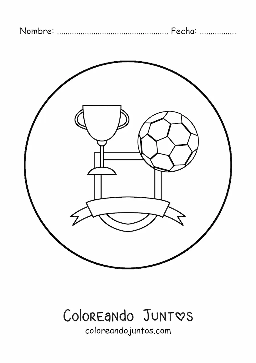 Imagen para colorear de un escudo con un balón y un trofeo de fútbol