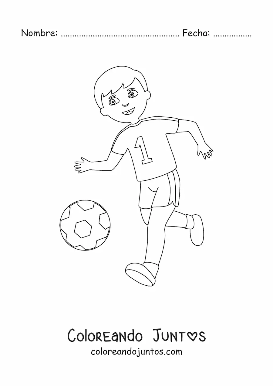 Imagen para colorear de un niño corriendo tras balón de fútbol