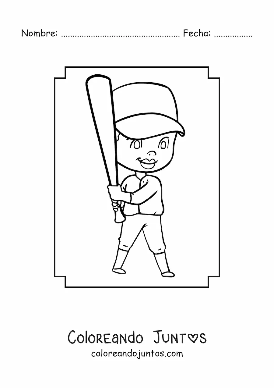 Imagen para colorear de un niño bateador kawaii