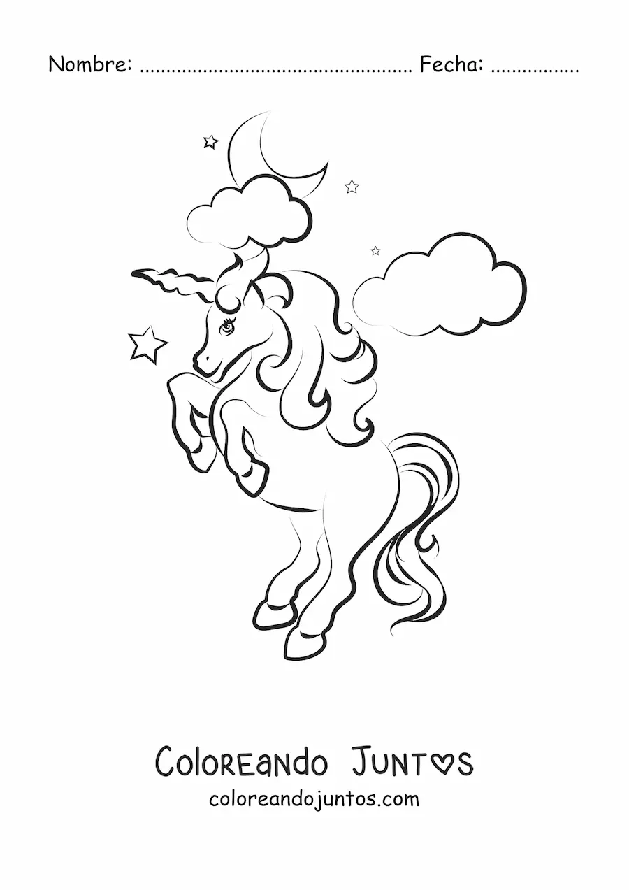 Imagen para colorear de un unicornio animado en dos patas, con estrellas, nubes y la luna de fondo