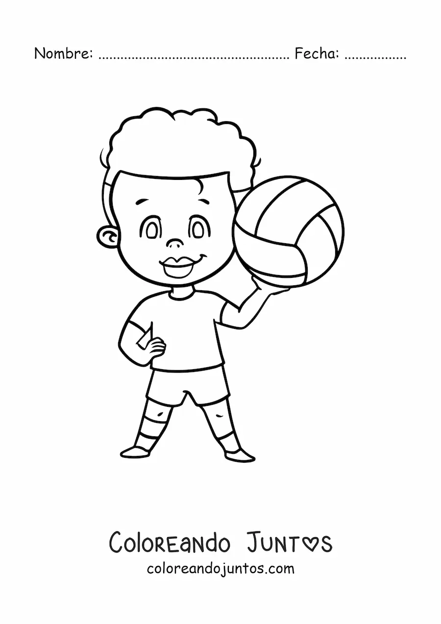 Imagen para colorear de un niño kawaii con pelota de voleibol