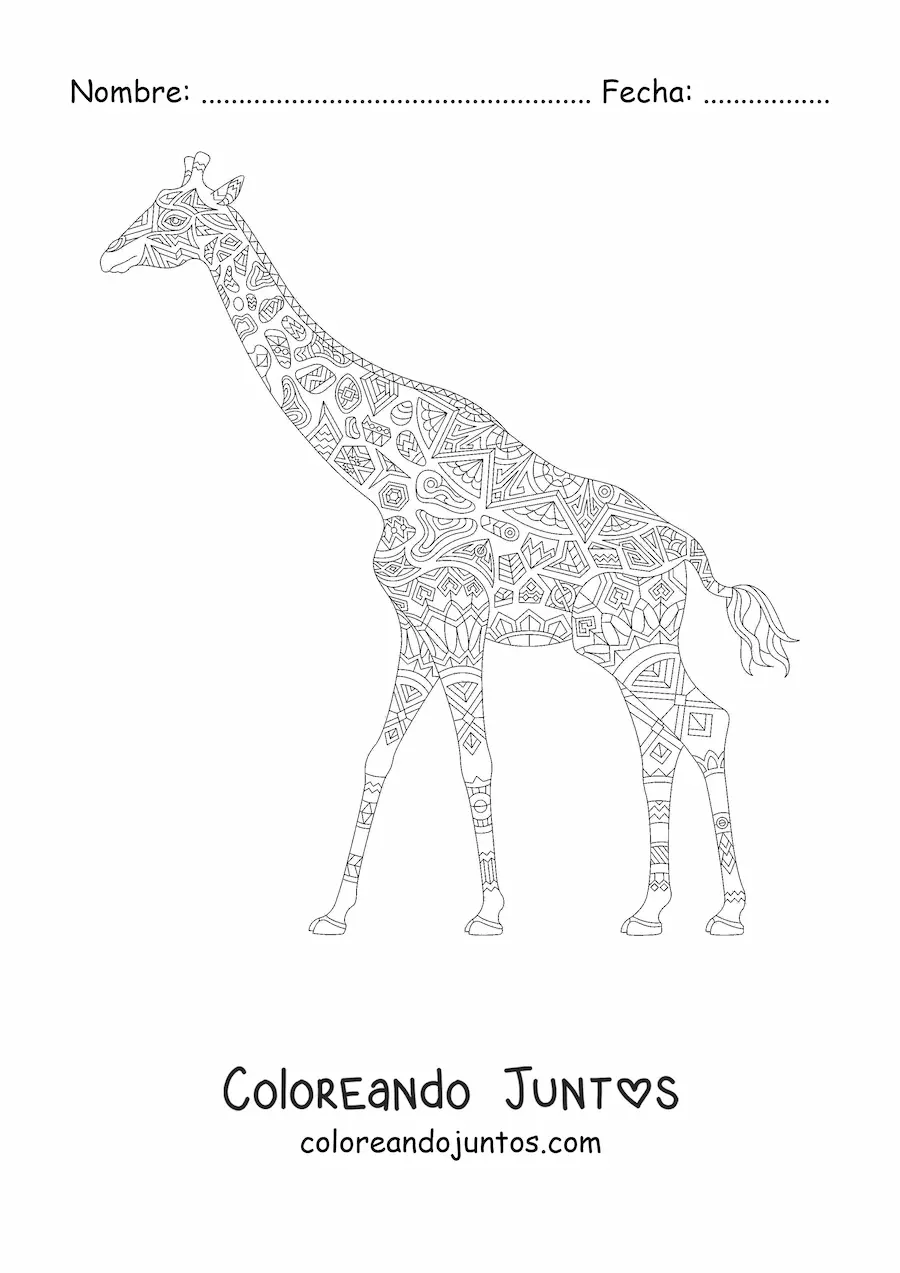 Imagen para colorear de un mandala con forma de jirafa estirando el cuello