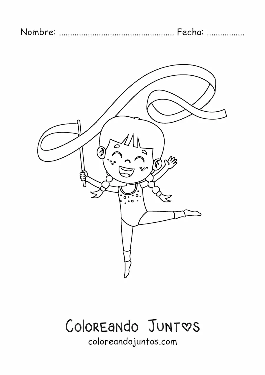 Imagen para colorear de una niña kawaii haciendo gimnasia rítmica