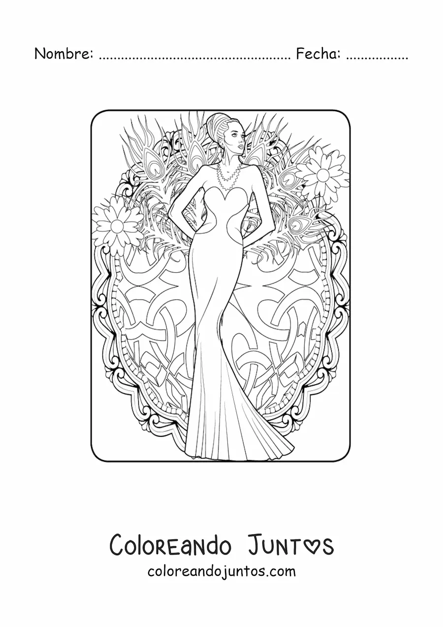 Imagen para colorear de una mujer con un vestido estilo sirena