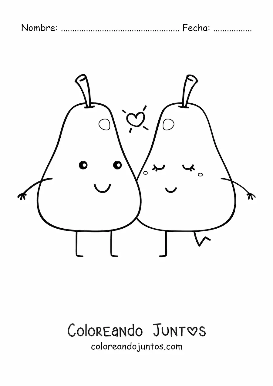 Imagen para colorear de una pareja de peras kawaii animadas con un corazón en el aire