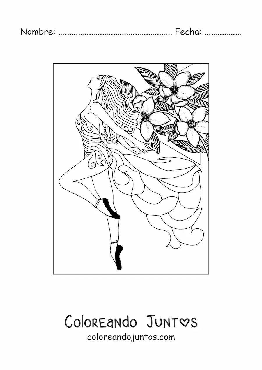 Imagen para colorear de una modelo con un vestido y flores