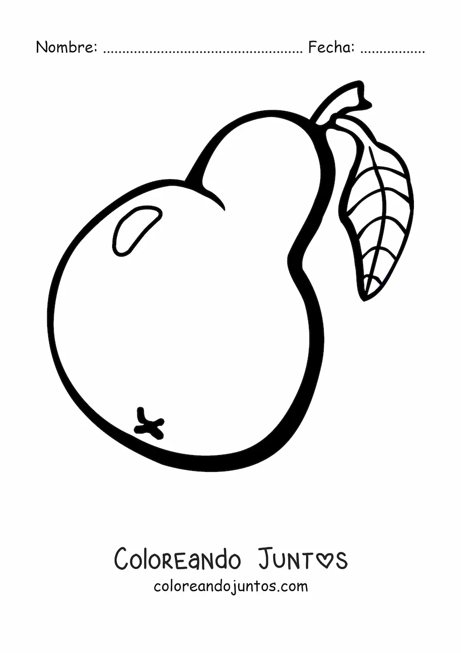 Imagen para colorear de una pera animada con una hoja en el tallo