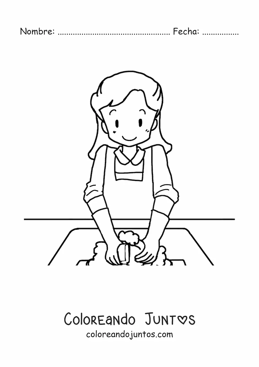 Imagen para colorear de una mujer limpiando la loza con guantes de limpieza