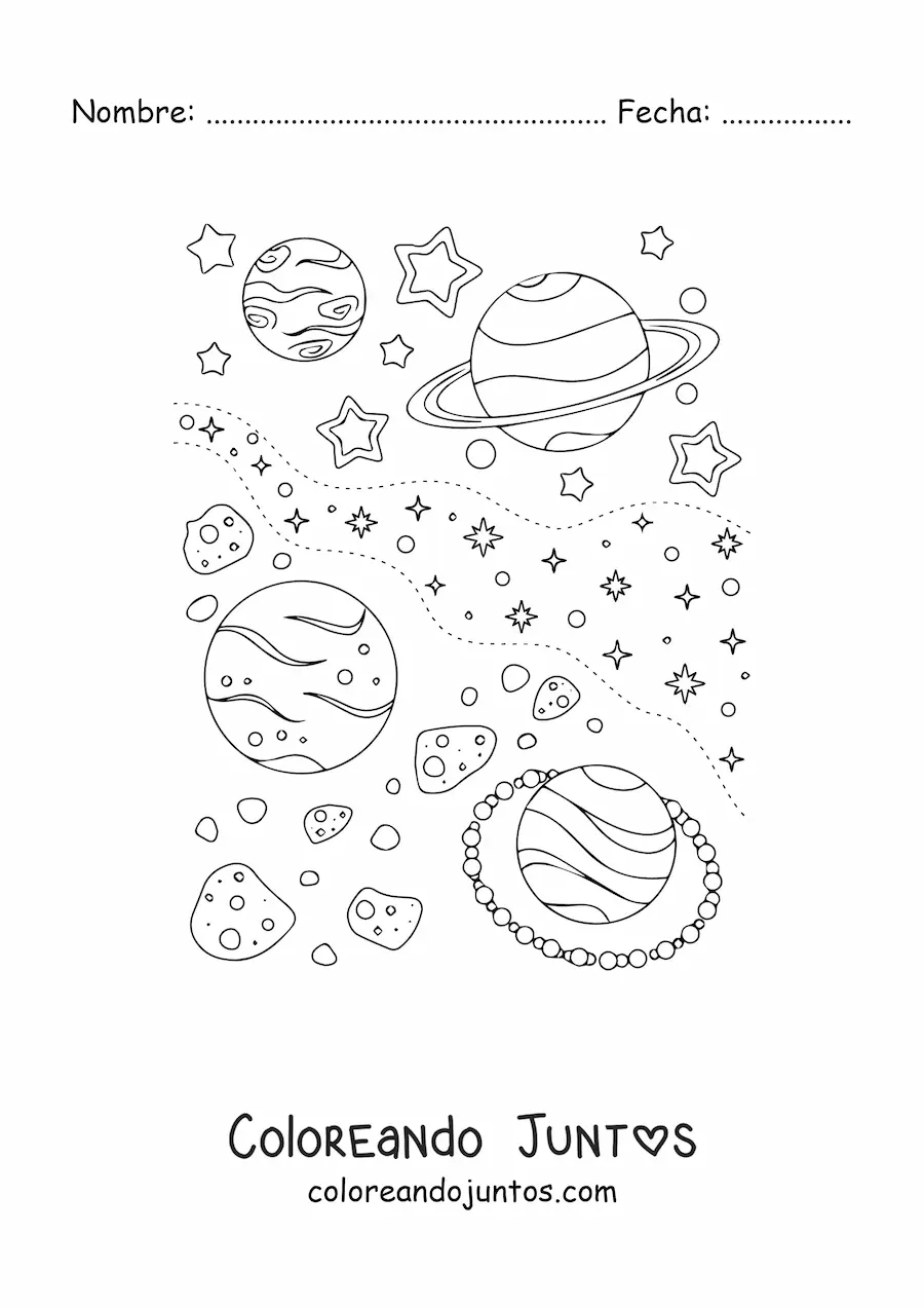 Imagen para colorear de varias estrellas y planetas