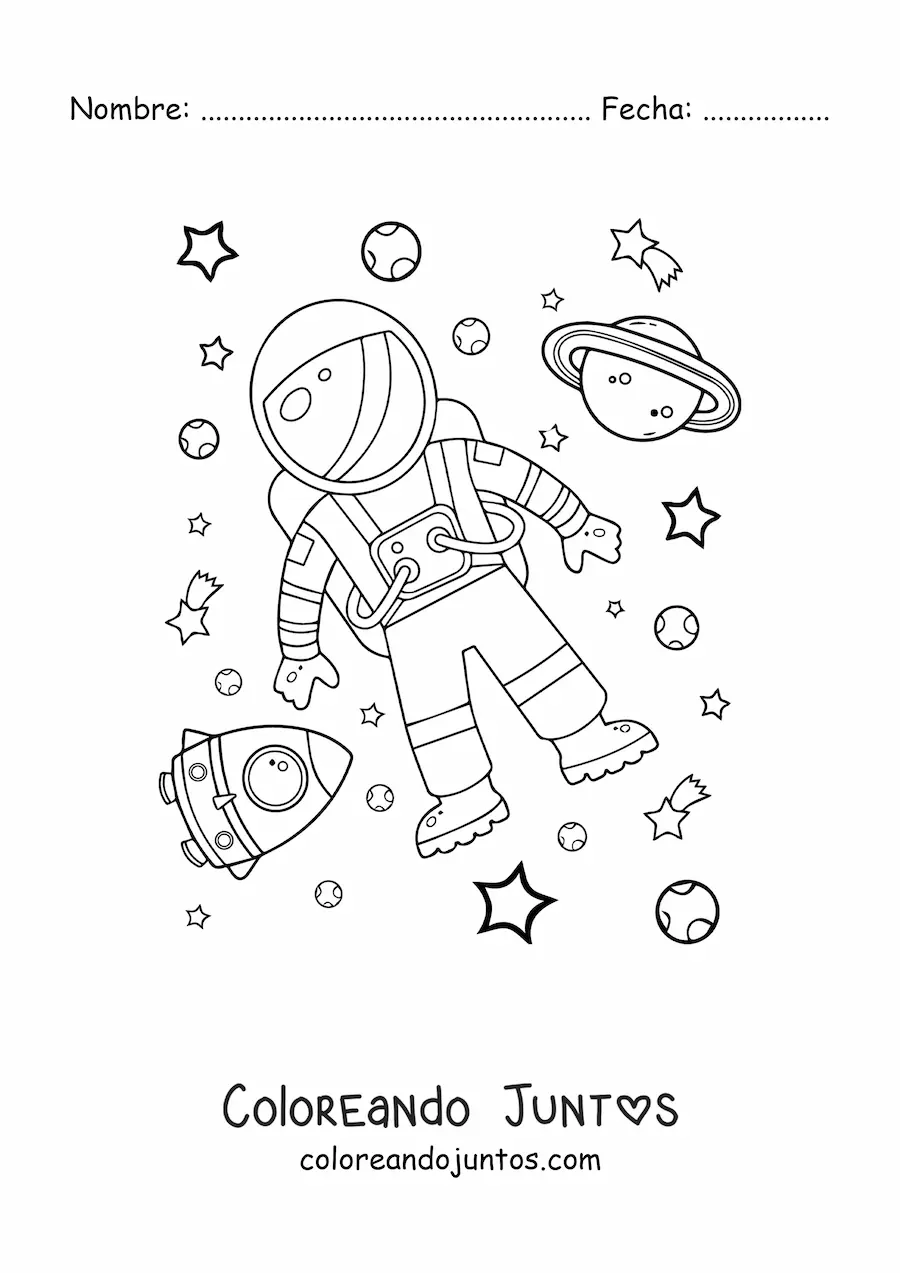 Imagen para colorear de un astronauta en el espacio con planetas y estrellas