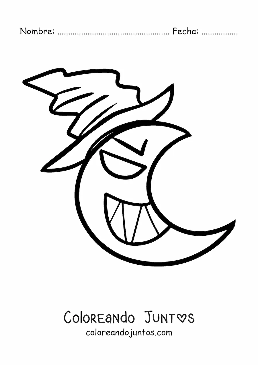 Imagen para colorear de una Luna animada con sombrero de bruja
