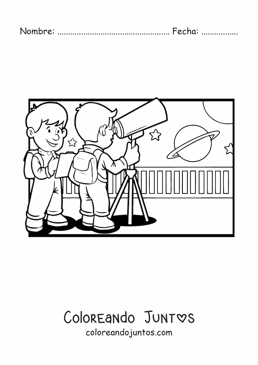 Imagen para colorear de dos niños con un telescopio