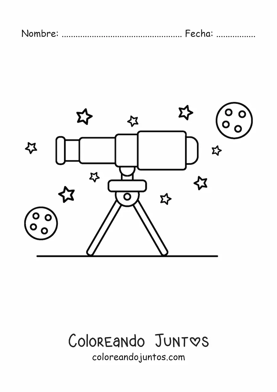 Imagen para colorear de un telescopio y estrellas en el cielo