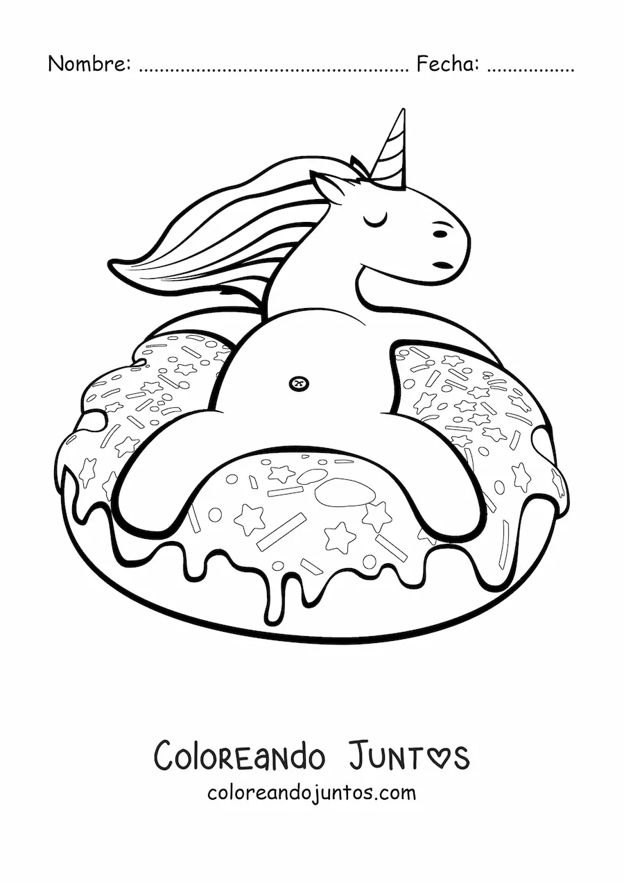 Imagen para colorear de un unicornio animado sentado sobre una dona