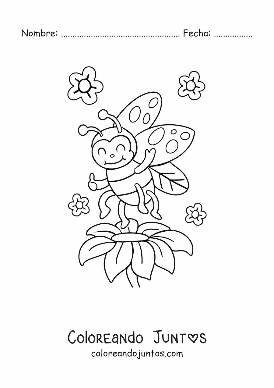 Imagen para colorear de una mariquita feliz junto a varias flores