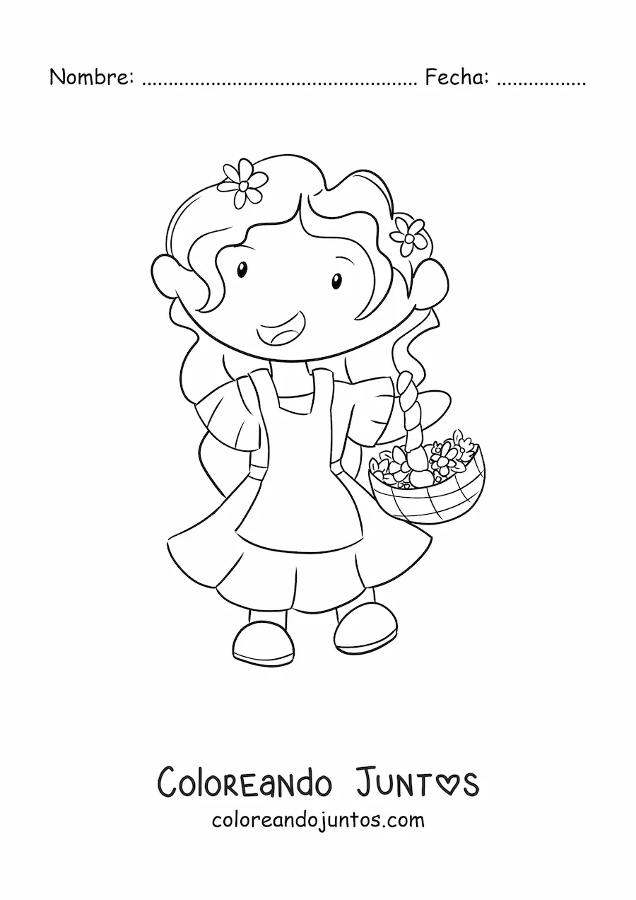 Imagen para colorear de una niña con flores de primavera
