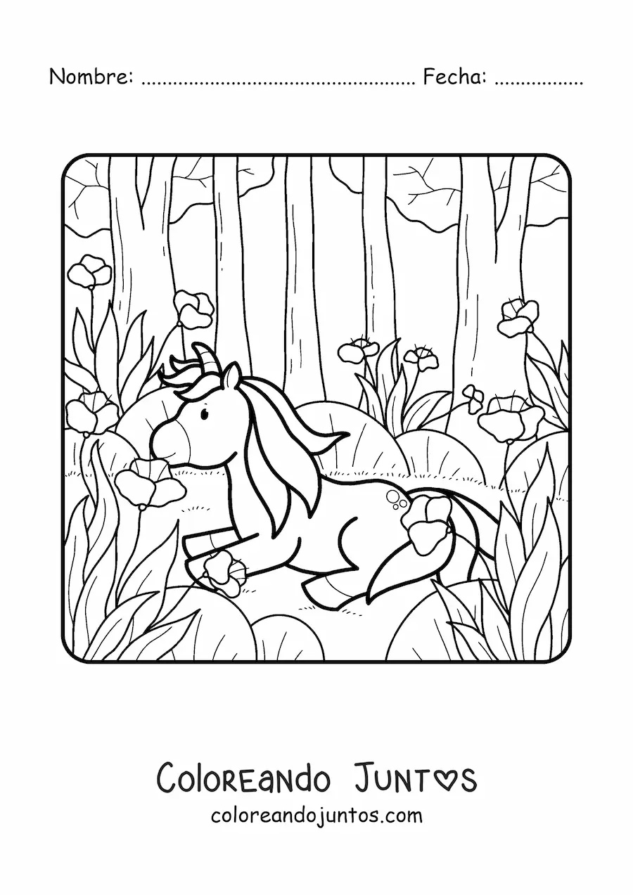 Imagen para colorear de un unicornio animado en bosque de primavera