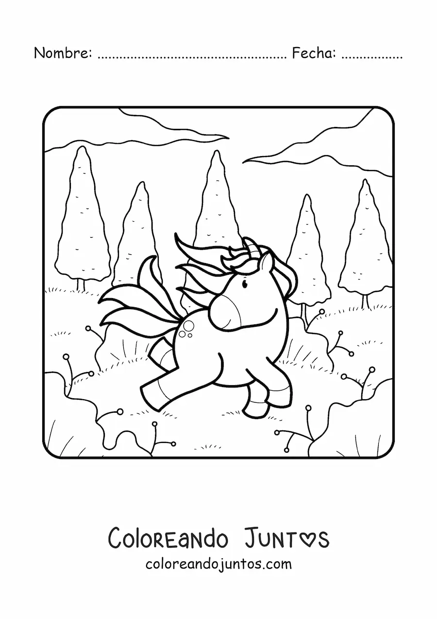 Imagen para colorear de un uniconio animado en el bosque