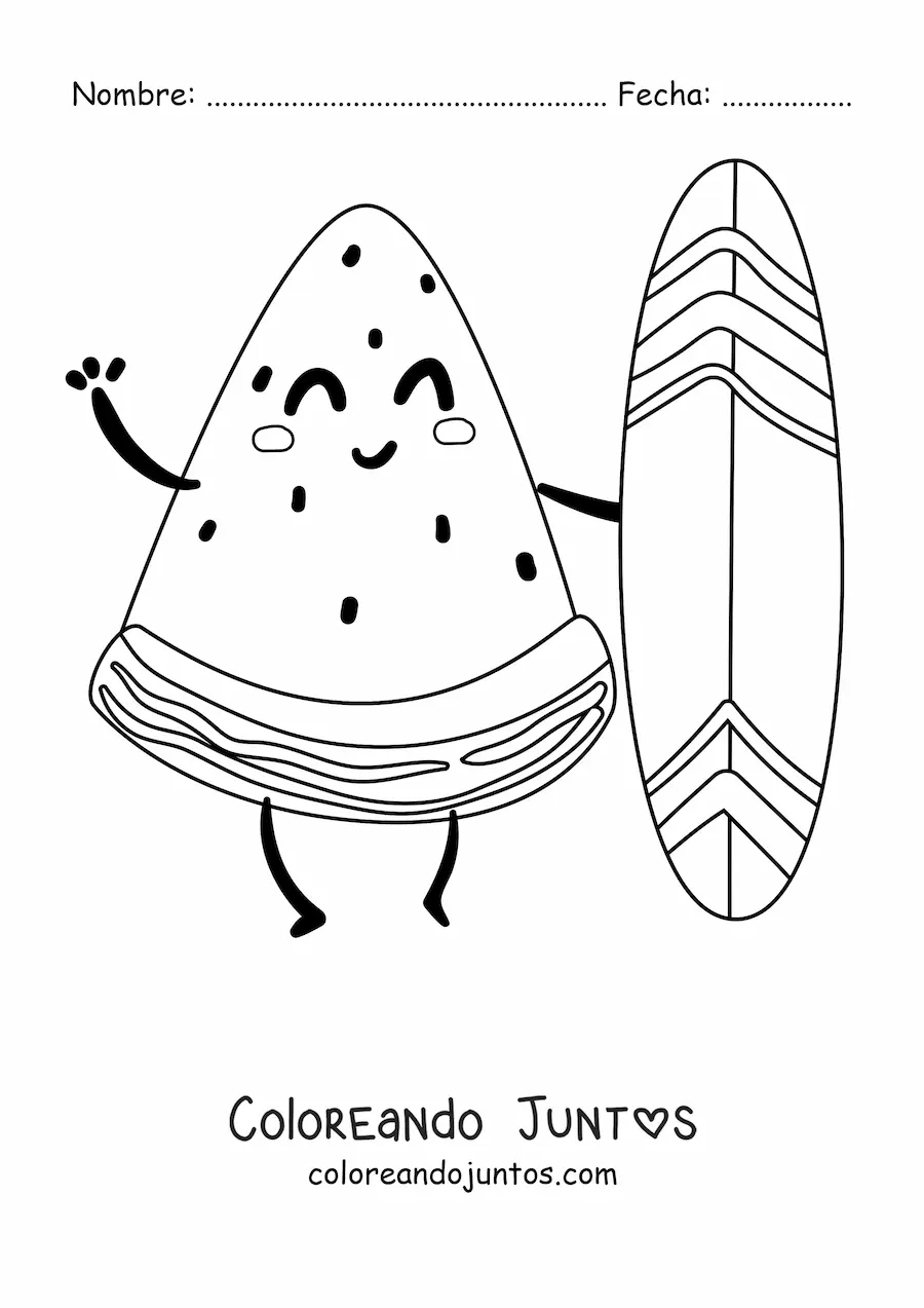Imagen para colorear de una sandía animada surfista saludando