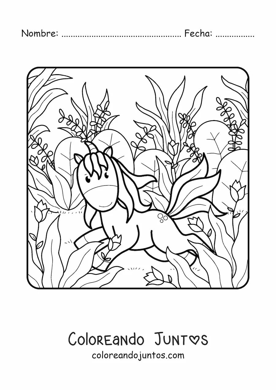 Imagen para colorear de un unicornio animado en el campo