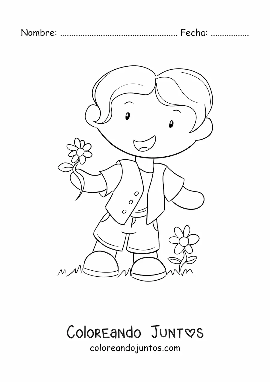 Imagen para colorear de un niño animado con varias flores de primavera