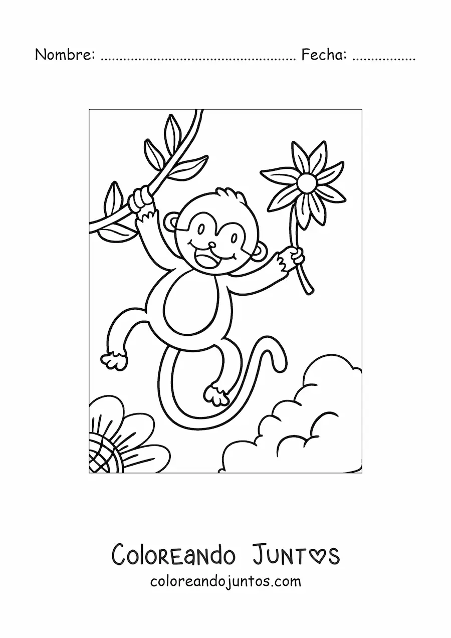 Imagen para colorear de un mono animado con flores en primavera