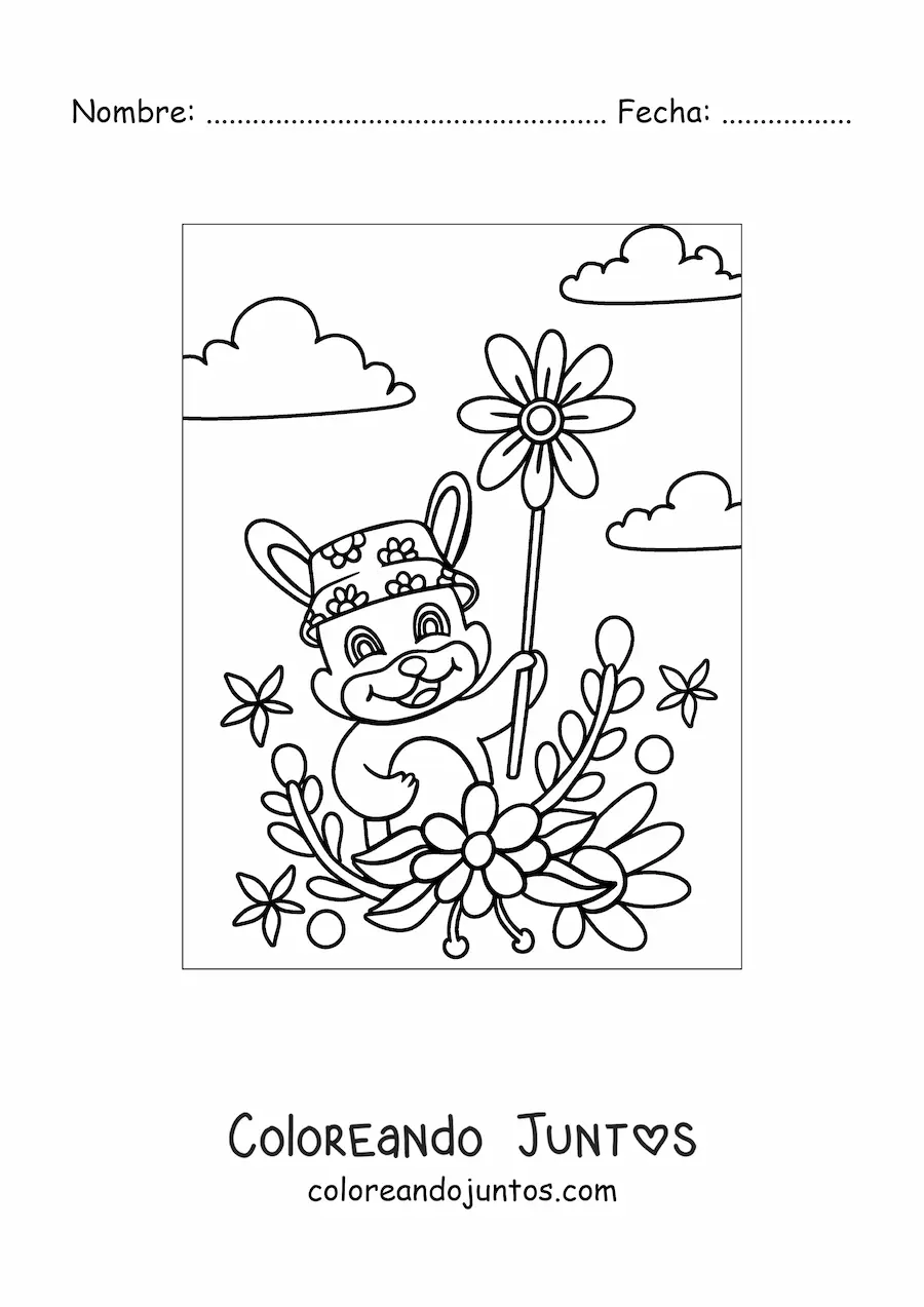 Imagen para colorear de un conejo animado sosteniendo varias flores