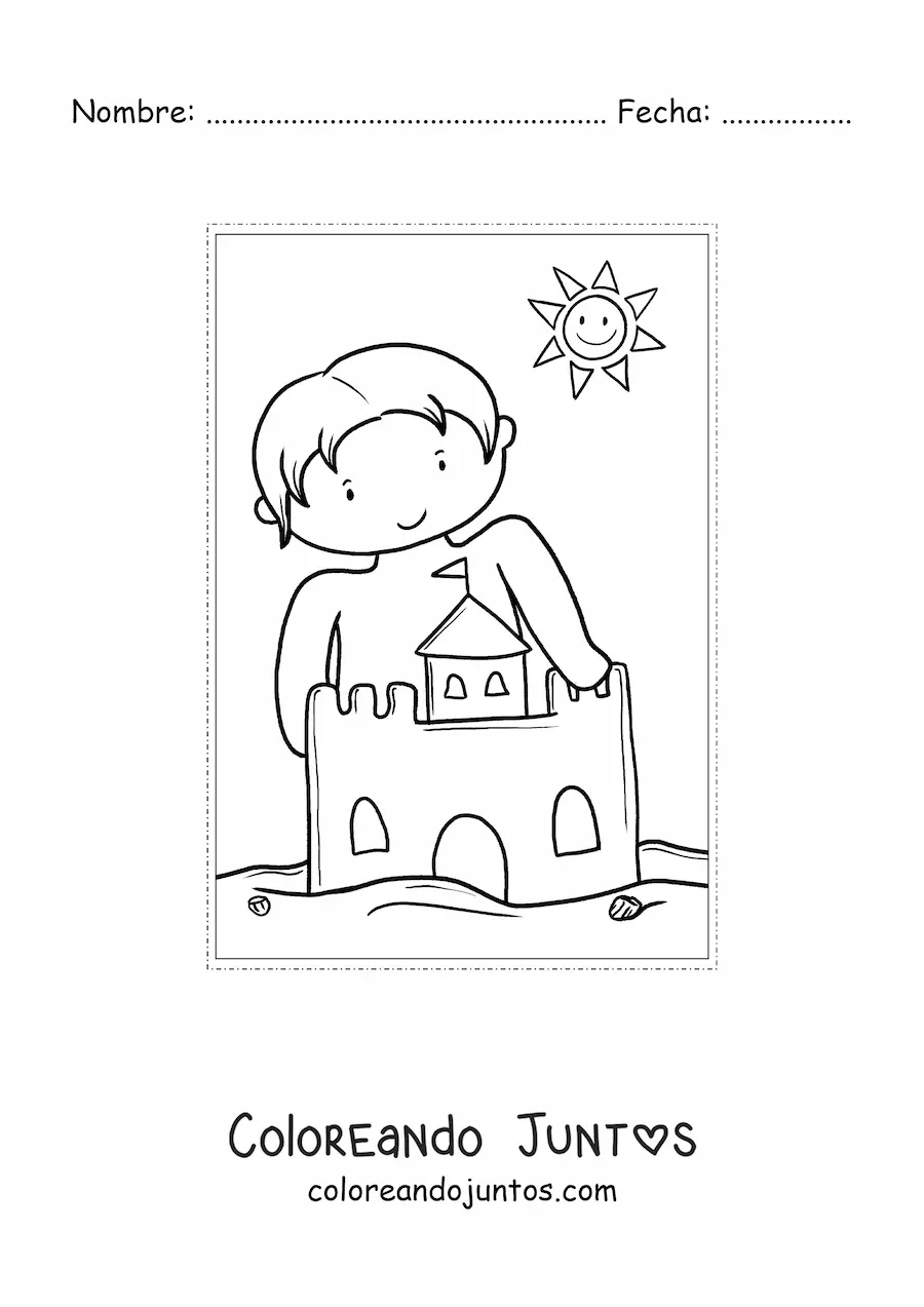 Imagen para colorear de un niño con un castillo de arena en verano